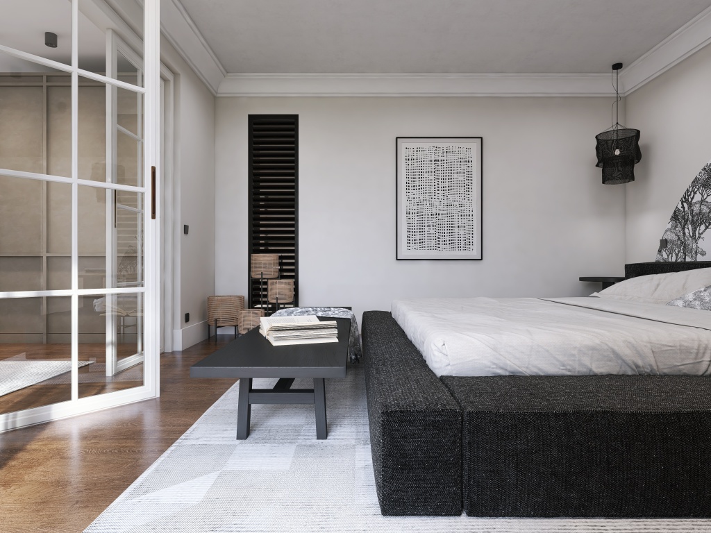 Modern Black White Bedroom 3d design renderings