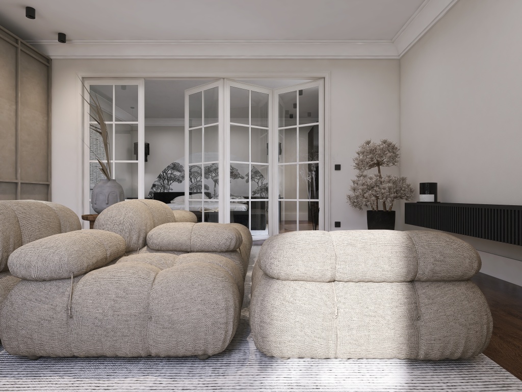 Modern Black White Great Room 3d design renderings
