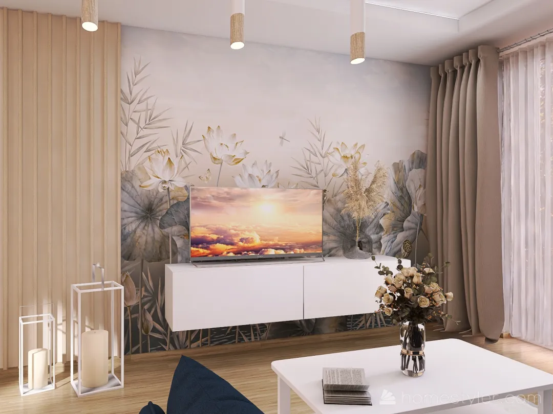 salon skandynawski z lamelami i tapetą 3d design renderings