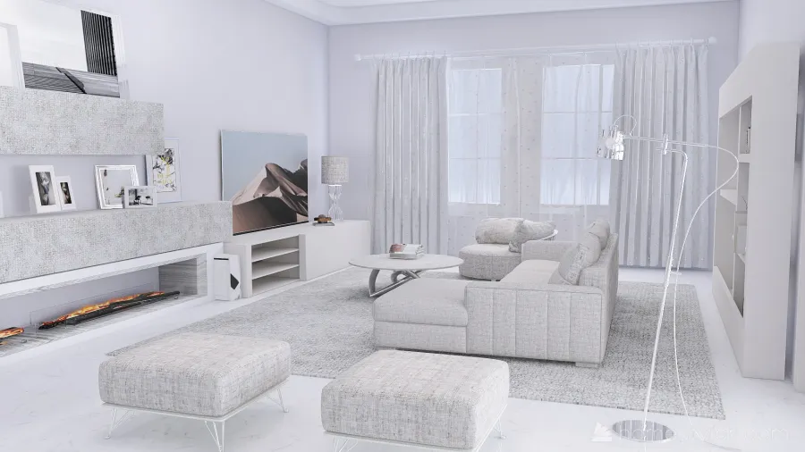 Modern White Living and Dining Room 3d design renderings