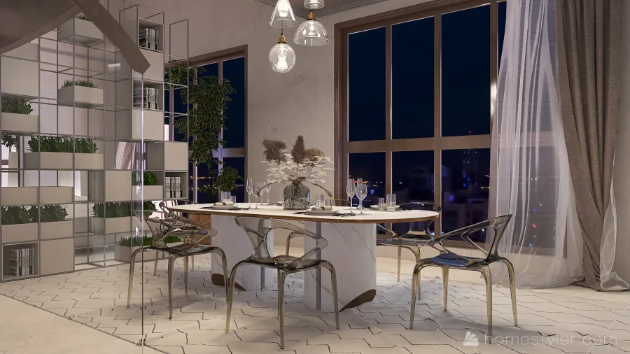 Modern White Beige Living and Dining Room 3d design renderings