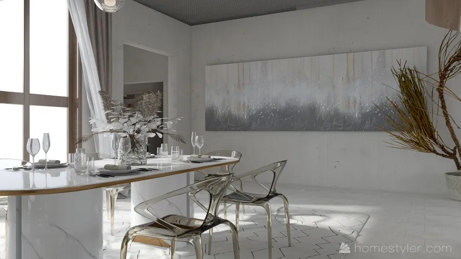 Modern White Beige Living and Dining Room 3d design renderings
