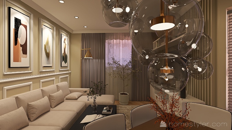 Living Room with Dining Table 3d design renderings