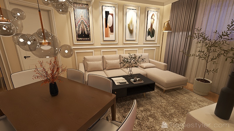 Living Room with Dining Table 3d design renderings