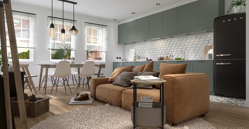 Scandinavian White Green Living and Dining Room 3d design renderings