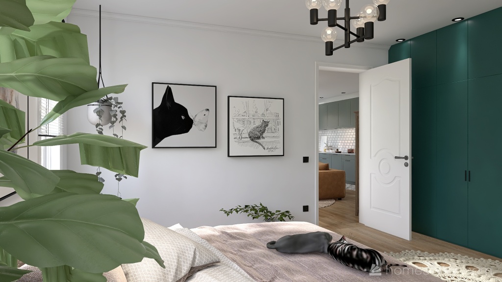 Scandinavian Cozy Cats Home White Green 3d design renderings