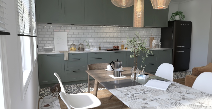 Scandinavian White Green Living and Dining Room 3d design renderings