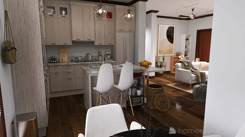 Kitchen Dining and Living Room 3d design renderings
