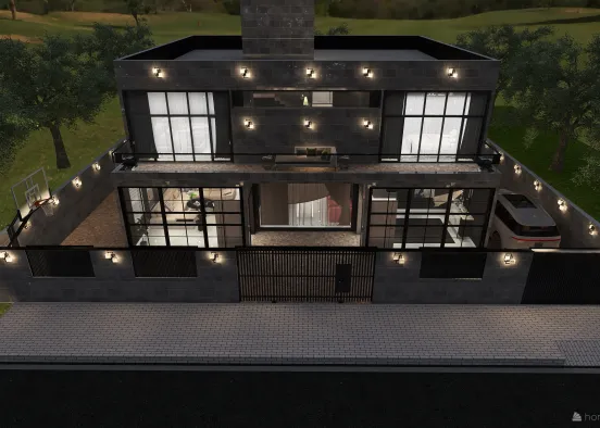 Modern Home With Black Interior. Design Rendering