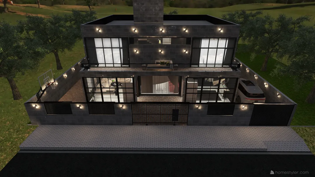 Modern Home With Black Interior. 3d design renderings