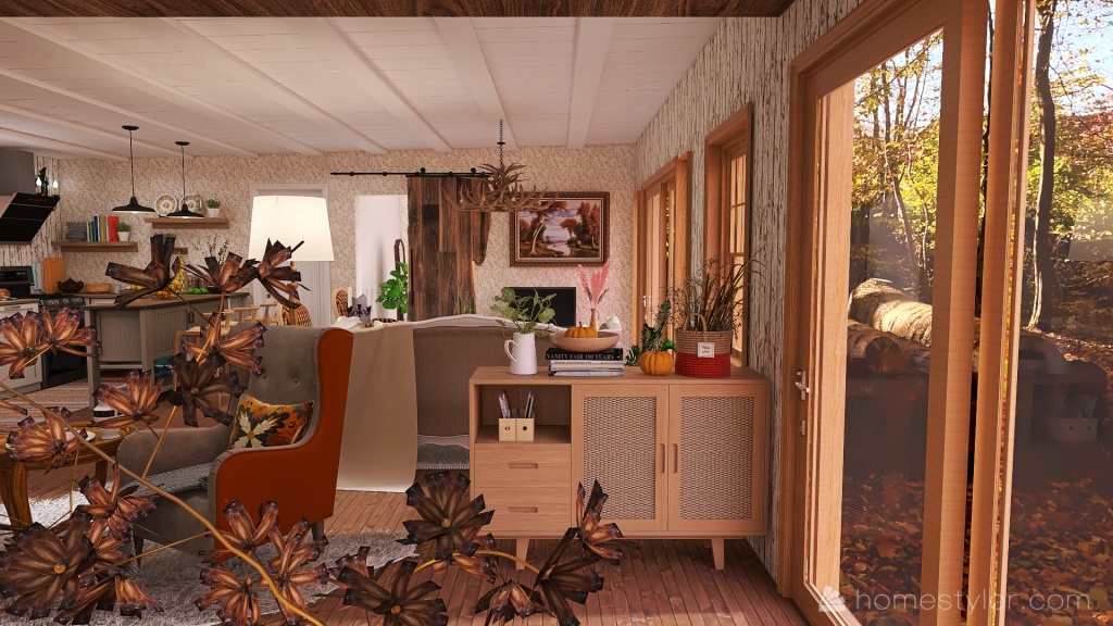 New design. Rustic fall, winter interior 3d design renderings