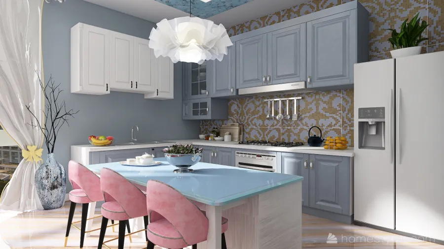 Hallway, Living Room, Dining Room and Kitchen 3d design renderings