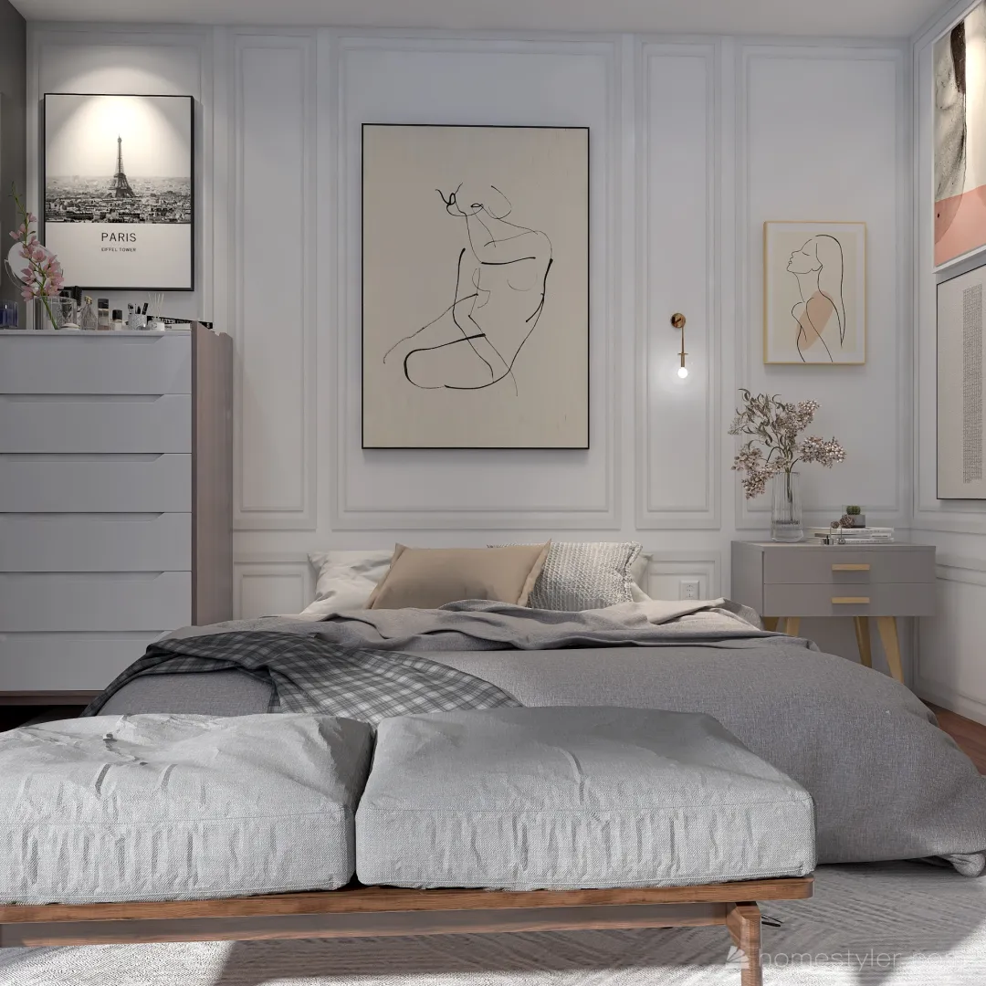 trendy teen bedroom + private bathroom 3d design renderings