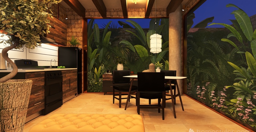 TropicalTheme Yellow Living and Dining Room 3d design renderings