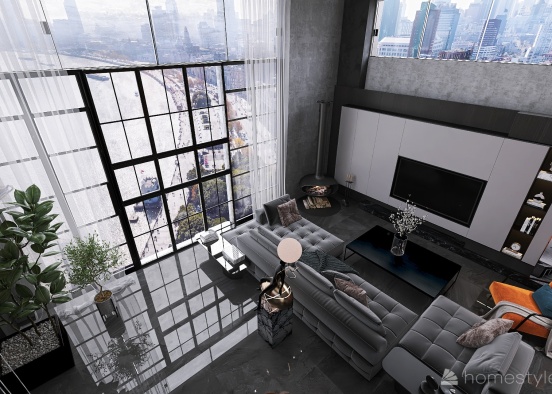 Industrial Style Tall Single Room Design Rendering