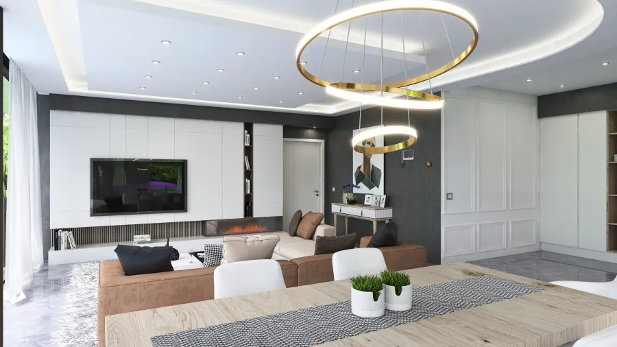 Modern  living room dining room kitchen 3d design renderings