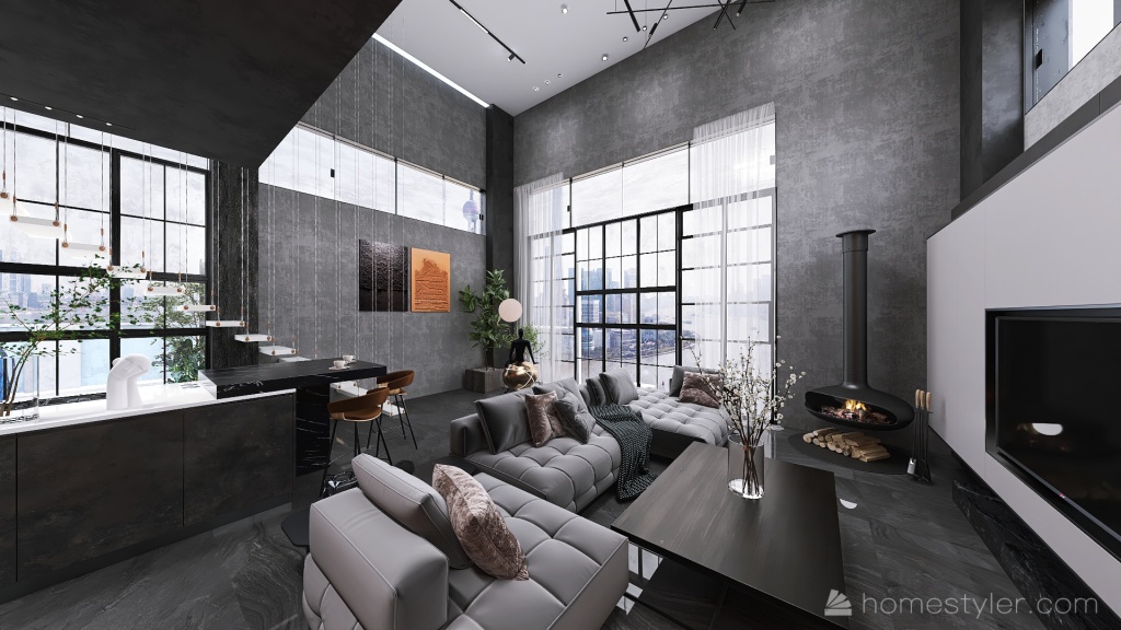 Industrial Style Tall Single Room 3d design renderings