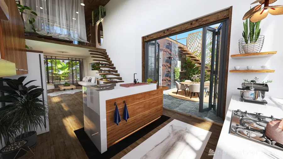 Open Kitchen to Living Room- Lofted bedroom 3d design renderings