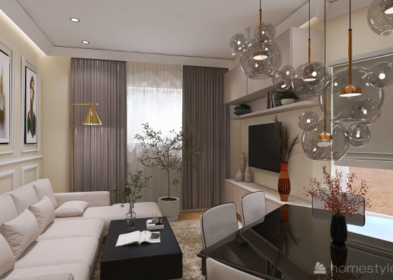Living Room with Dining Table Design Rendering