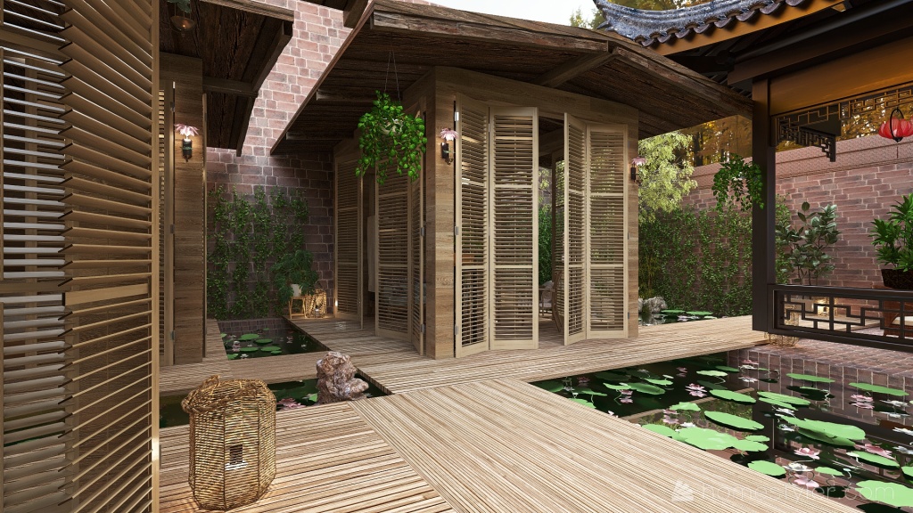 Traditional Relaxing Japanese Tiny House Koi Pond Garden 3d design renderings