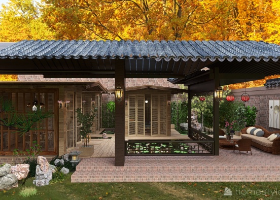 Traditional Relaxing Japanese Tiny House Koi Pond Garden  Design Rendering