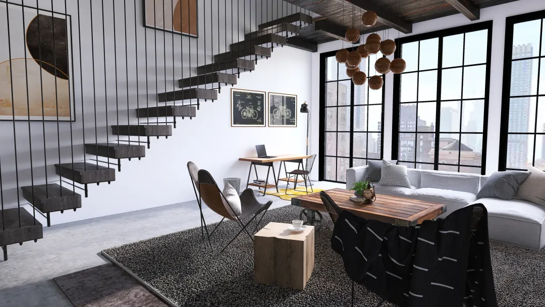 Industrial Living Space 3d design renderings
