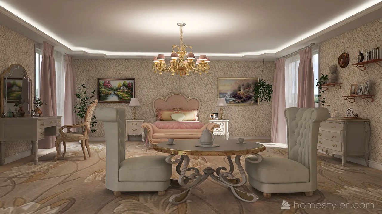 Habitación Shabby Chic y Sala Retro 3d design renderings