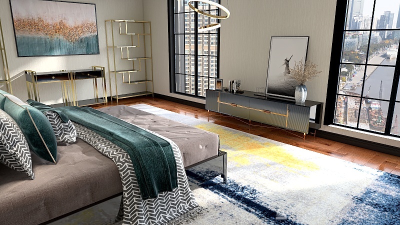 big Bedroom with blue accent 3d design renderings