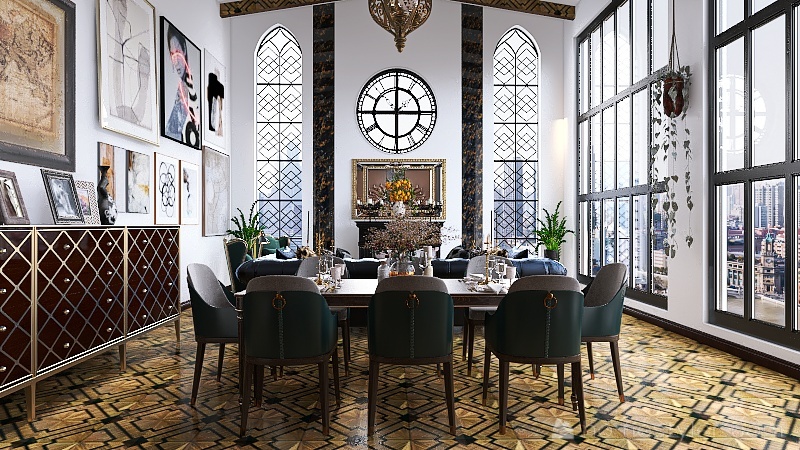 Beige Living and Dining Room 3d design renderings