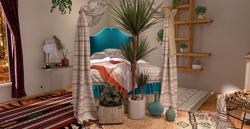 One Hour Boho Bedroom 3d design renderings