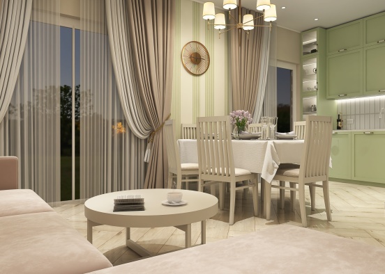 Living and dining room in a countyhouse Design Rendering