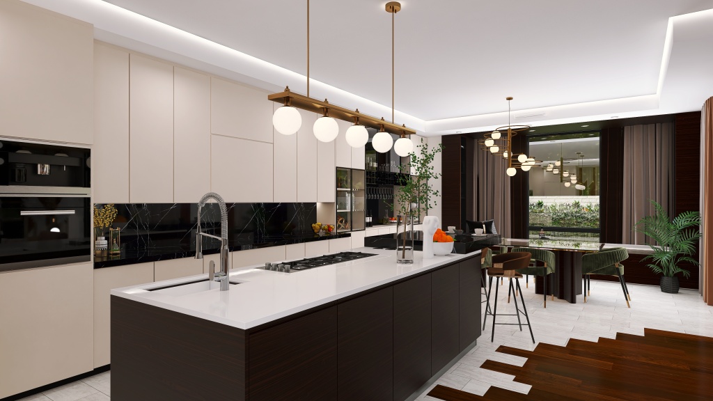 Contemporary Kitchen, Living and Dining Room 3d design renderings