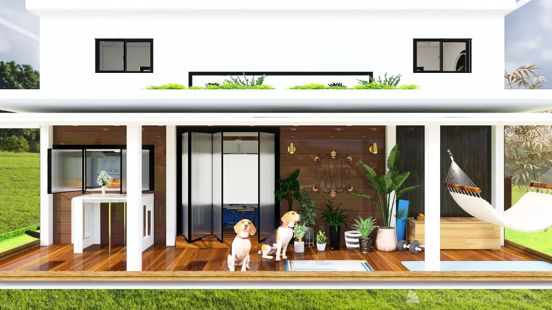 192 sq. ft. 2 Loft Tiny House with Green Roof Garden, Deck and Office Space 3d design renderings