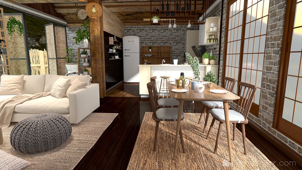 Farmhouse Living and Dining Room 3d design renderings