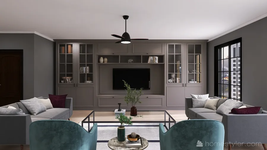 Living Room, Dining Room, Kitchen 3d design renderings