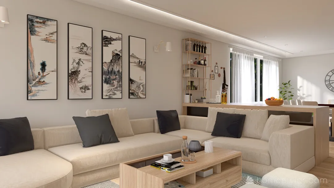 Living room with kitchen 3d design renderings
