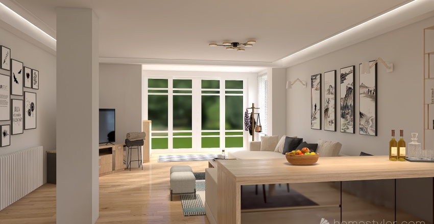 Living room with kitchen 3d design renderings