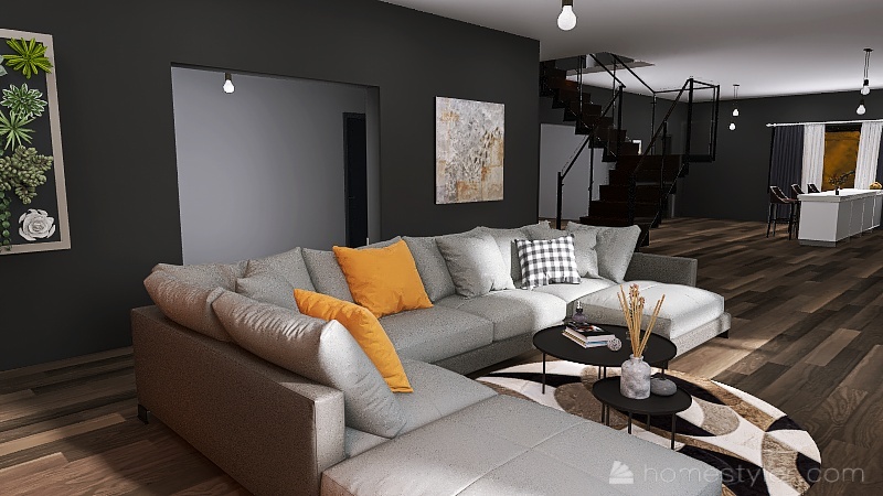 Living room to kitchen 3d design renderings