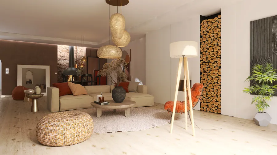 WabiSabi Living and Dining Room 3d design renderings