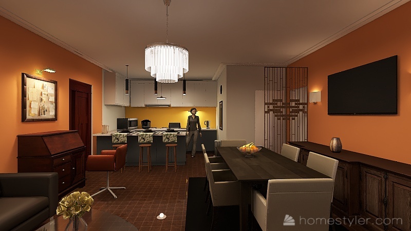 Living-Dinning Room, Kitchen 3d design renderings
