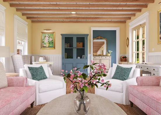 Shabby Chic Cottage-style Living Room Design Rendering