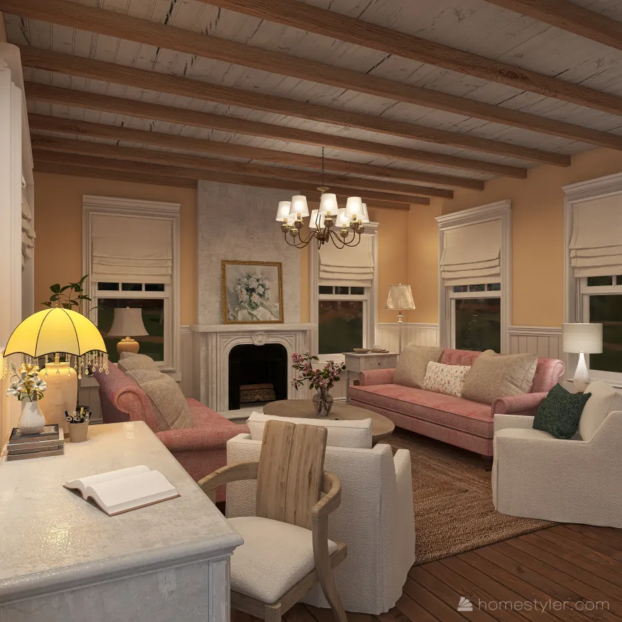 Shabby Chic Cottage-style Living Room 3d design renderings