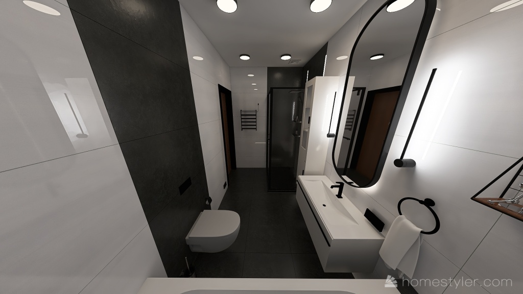 czarno biała z drewnem łazienka parter 3d design renderings