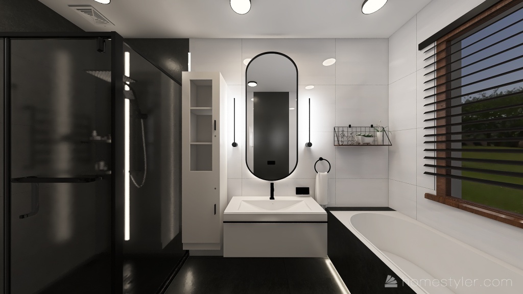 czarno biała z drewnem łazienka parter 3d design renderings