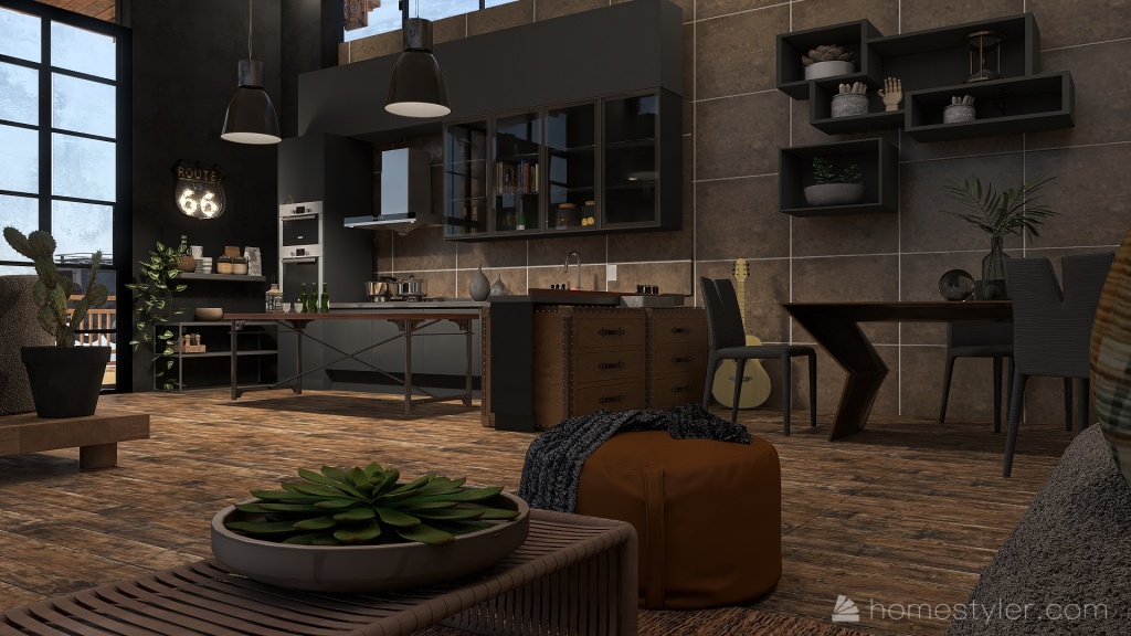 Rustic open plan living space 3d design renderings