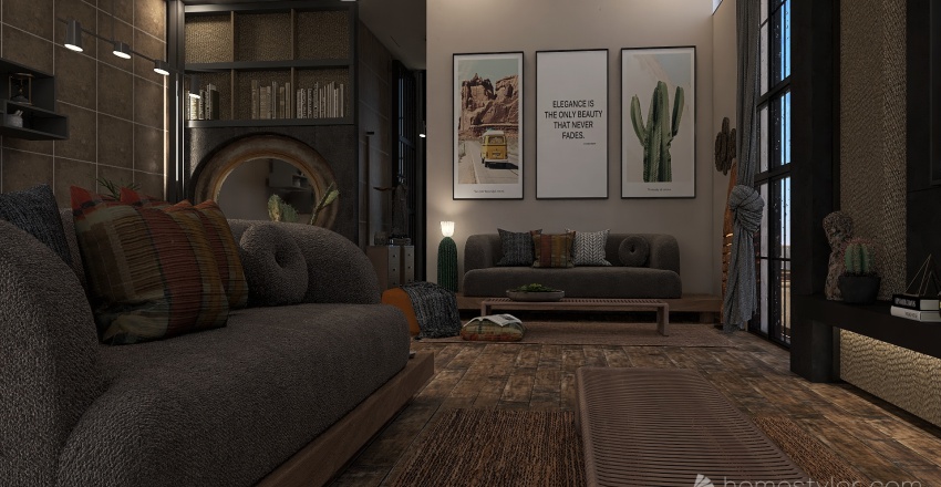 Rustic open plan living space 3d design renderings