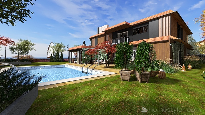 #Cottage_villa_High_ceiling_2_storeys.With landscaping 3d design renderings