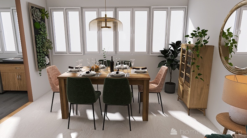 Séjour beige vert bois 3d design renderings