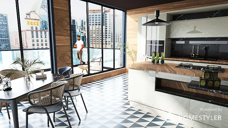 Encaustic cement tile in kitchen 3d design renderings