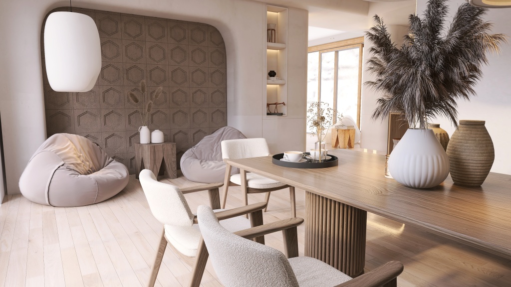Salón, despacho, comedor y cocina 3d design renderings